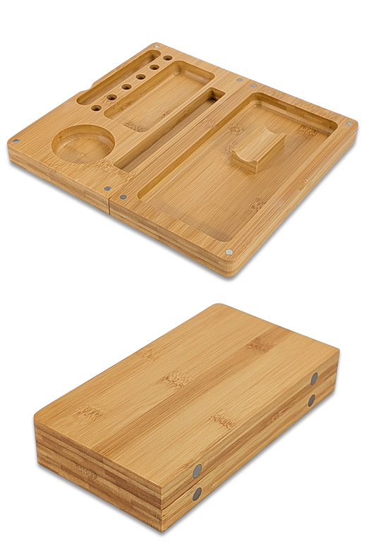 Bambus Flip Tray geöffnet mit mehreren Fächern und Magnetverschluss