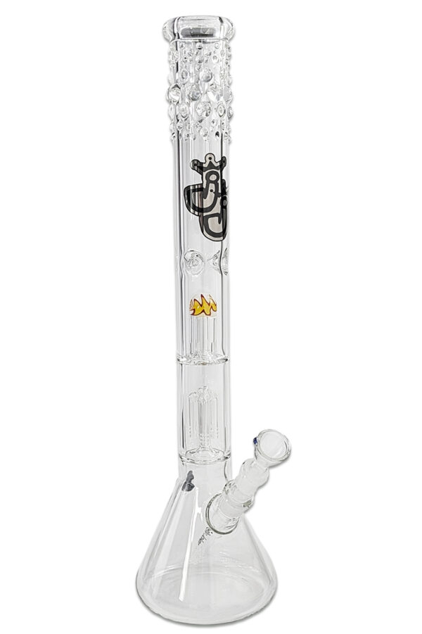 Bong „Bustamit Uranus“ aus 7 mm Borosilikatglas mit 3-Arm-Perkolator, Eiskerben, Spritzschutz und Glasperlenverzierung am Hals