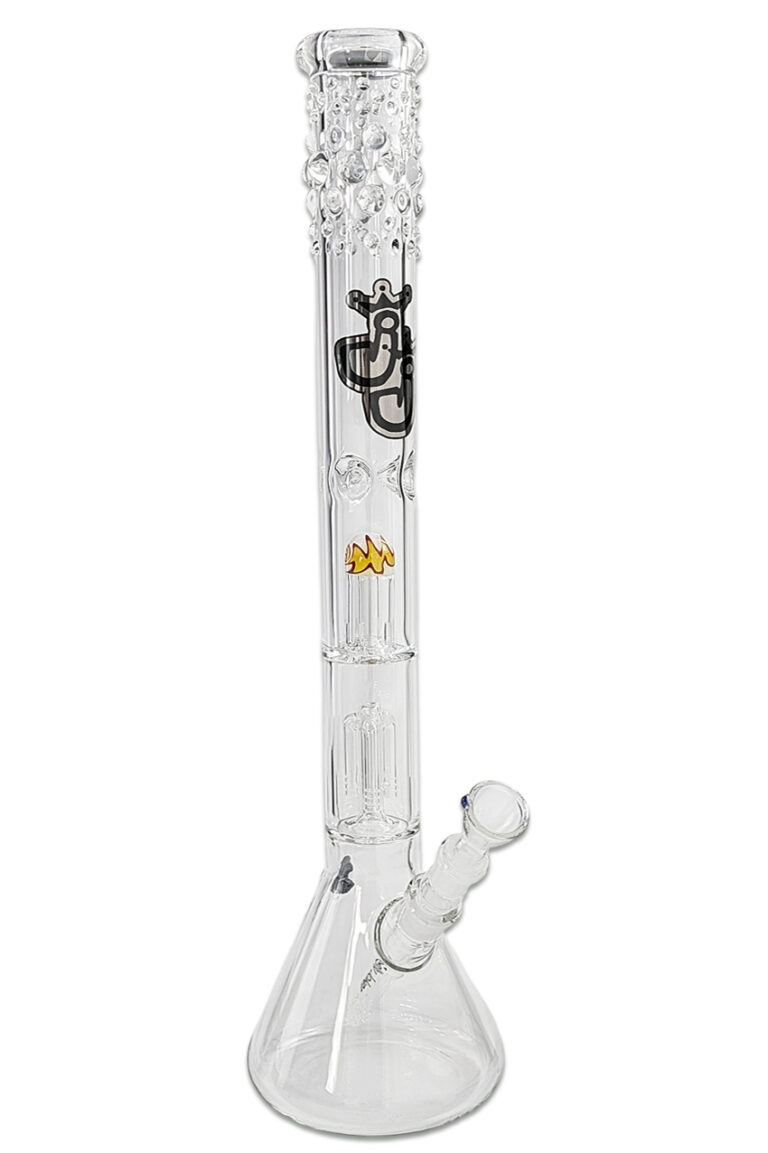 Bong „Bustamit Uranus“ aus 7 mm Borosilikatglas mit 3-Arm-Perkolator, Eiskerben, Spritzschutz und Glasperlenverzierung am Hals