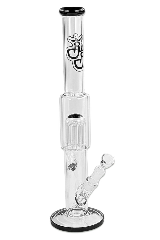 Bong Kingit aus 5 mm Borosilikatglas mit 8-Arm-Perkolator und schwarzen Akzenten – 50 cm Glasbong von Jelly Joker.