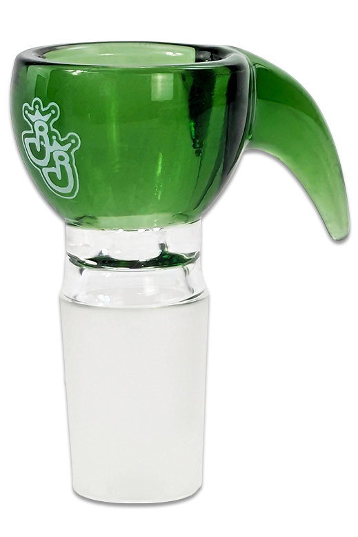 Bong Kopf B-003 Grün 1 Grüner Bong-Kopf mit Griff aus Glas, 18,8mm Schliff, freigestellt auf weißem Hintergrund