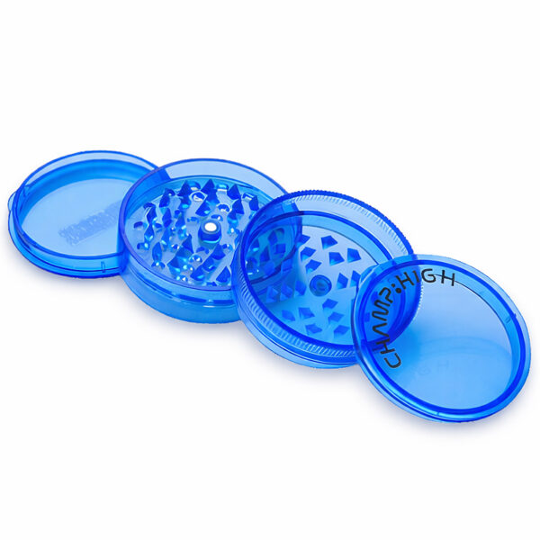Plastikgrinder 59mm 4-teilig blau aufgefächert mit Polinatorsieb und Magnetdeckel