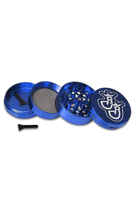 GRN13362-Cross Grinder-62 Blau 1 Blauer Cross Grinder aus Aluminium, vierteilig mit herausnehmbarem Sieb und Schaber