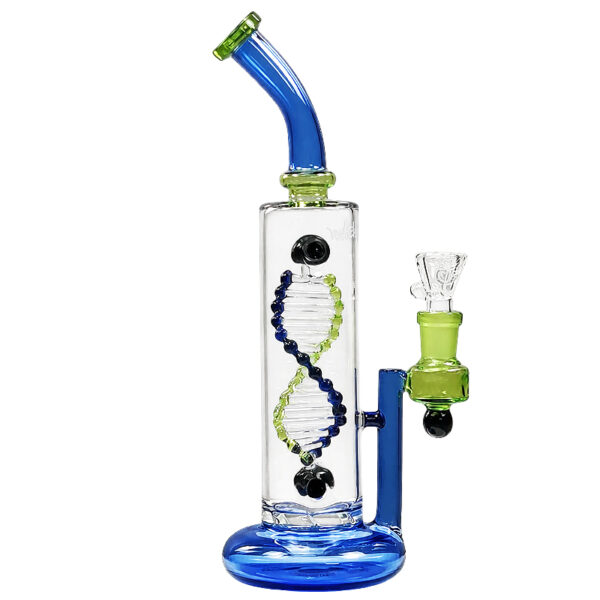 Bong „DNA“ – 27cm – 4mm Borosilikatglas – drehender DNA-Strang 3 DNA Bong in Seitenansicht mit sichtbarem DNA-Strang, seitlichem Glaskopf und blauem Standfuß
