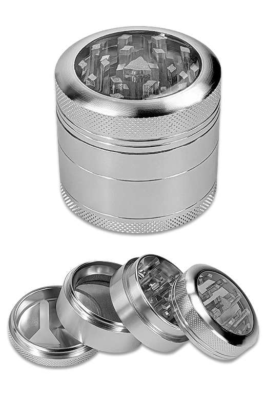 Aluminium-Grinder Ø48 mm, 4-teilig mit Sichtfenster, Diamantschliffzähnen und Pollinatorsieb