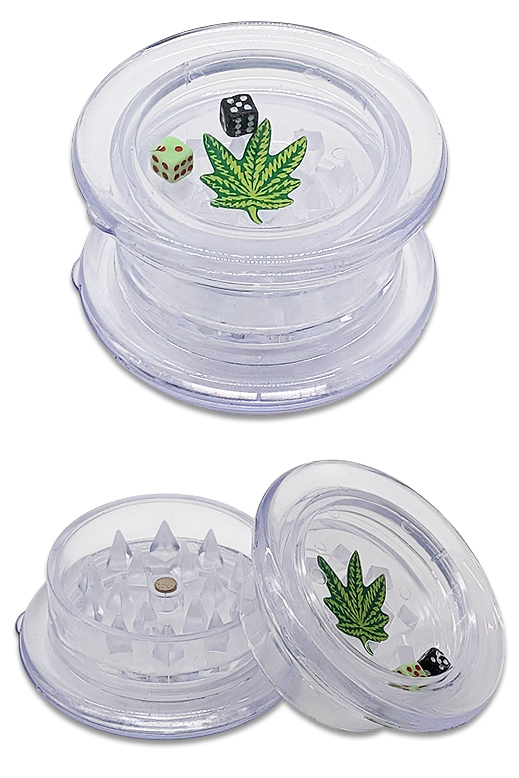 Kunststoff Grinder 38mm transparent mit Würfelspiel im Deckel, 2-teilig