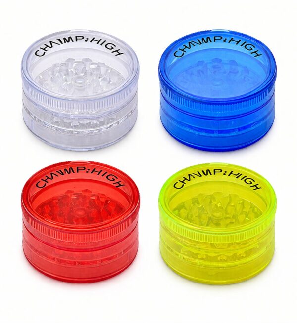 Plastikgrinder 59mm 4-teilig blau geöffnet mit Polinatorsieb und Magnetdeckel