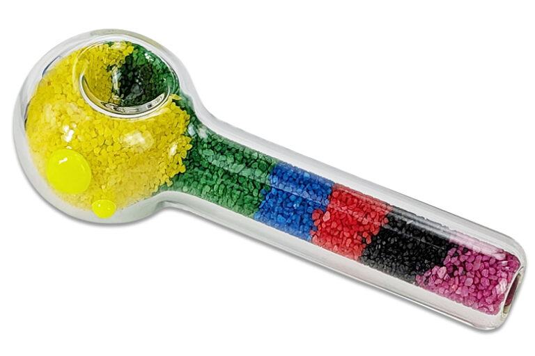 Spoonpipe aus 5-mm-Glas mit farbigem Granulat und hinterem Kickloch