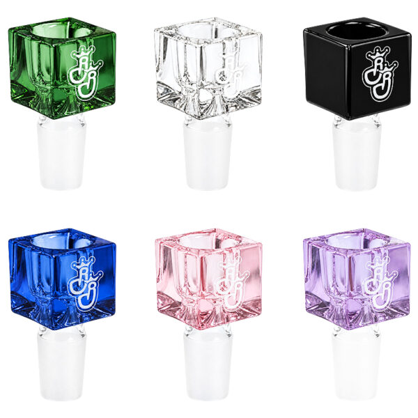 Würfelkopf für Bong „Bowl-I“ – 18,8mm – massives Borosilikatglas 1 Würfelkopf für Bong „Bowl-I“ – sechs Farbvarianten mit transparentem Glasschliff