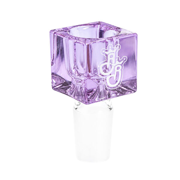 Würfelkopf Bowl-I Lila 1 Würfelkopf für Bong „Bowl-I“ in Lila mit Jelly-Joker-Logo und transparentem Glasschliff