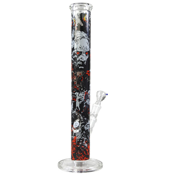 Bong „Colour Zombie“ – 45cm – 5mm Glas – Zombie-Motiv 2 Zombie Bong von hinten mit durchgängigem schwarz-grau-rotem Motiv und rundem Glasfuß