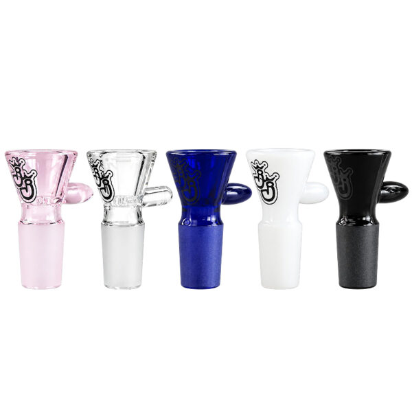 Sieblose Bongköpfe mit 18,8mm Schliff und seitlichem Glasgriff in Pink, Klar, Blau, Weiß und Schwarz