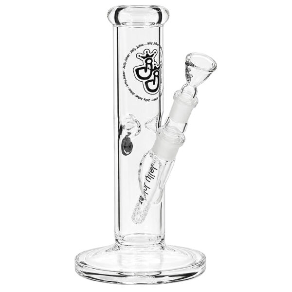 Bong „Shorty SL“ – 26cm – 5mm Glas – gerade Form 1 Bong Shorty SL aus klarem Glas mit schwarzem Logo, geradem Hals und breitem Standfuß