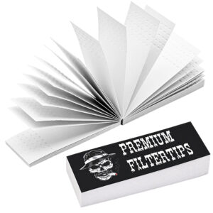 Große Filtertips in Weiß, 60x25mm, perforiert, mit 50 Tips pro Heftchen und schwarzem Deckblatt