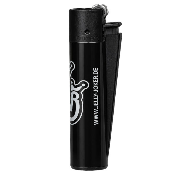 Jelly Joker Clipper Feuerzeug – Silber – nachfüllbar 3 Jelly Joker Clipper Feuerzeug Seitenansicht – Schwarz mit Webadresse