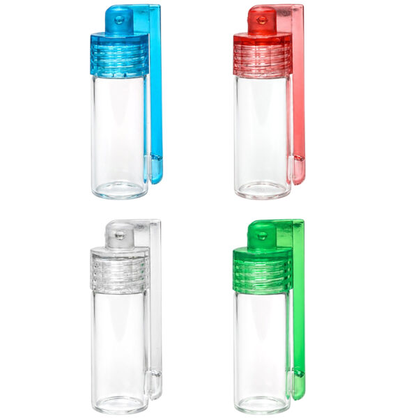 Vier Portionierer mit farblosem Glasfläschchen und Verschlüssen in Blau, Rot, Weiß und Grün