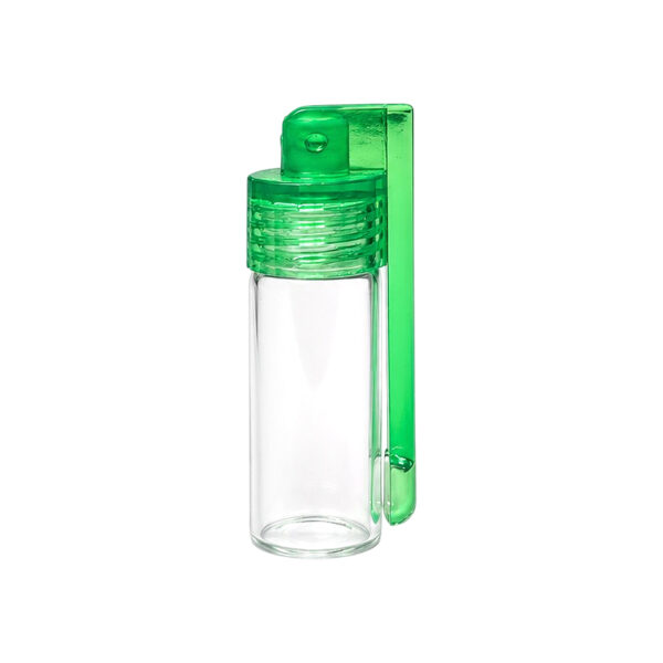 Portionierer mit farblosem Glasfläschchen und grünem Verschluss