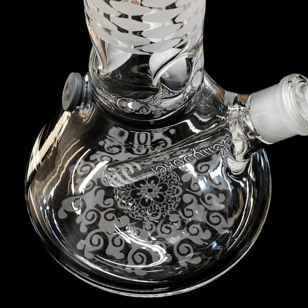 Sandgestrahlte Bong Grid Detailansicht von oben mit Glasornamenten und 18,8mm Schliff