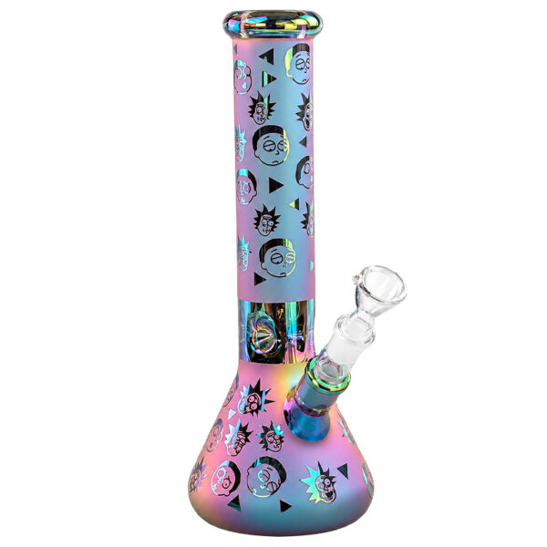 Bong „Rimo“ – 35cm – 7mm Glas – Beaker-Bong 1 Bong Rimo in Beaker-Form mit metallisch schimmernder Oberfläche und Motiven auf Hals und Bauch