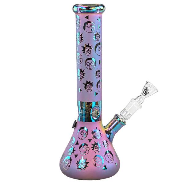 Bong „Rimo“ – 35cm – 7mm Glas – Beaker-Bong 2 Bong Rimo in Seitenansicht mit Beaker-Bauch, metallisch schimmernden Motiven und seitlichem Glaskopf