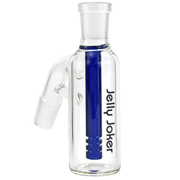 Stab-Vorkühler „Barrel“ – 12,5cm – 4mm Borosilikatglas – 18,8/18,8mm 1 Stab-Vorkühler Barrel aus klarem Glas mit blauem Stabperkolator und seitlichem Schliffanschluss