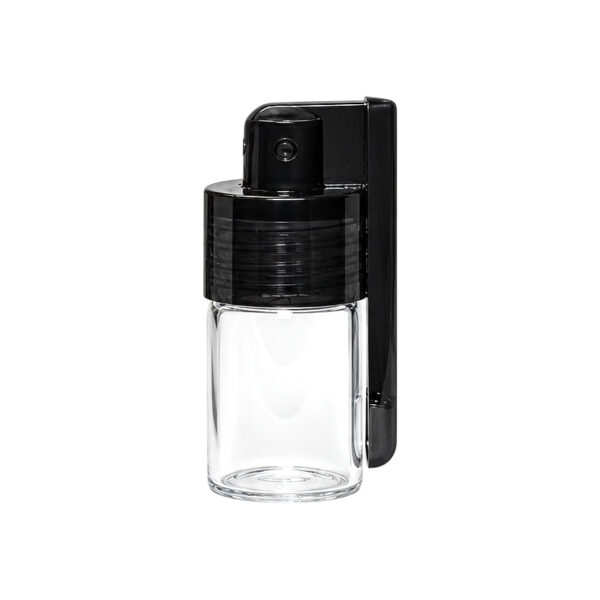 Mini Portionierer 3,8cm mit farblosem Glasfläschchen und schwarzem Verschluss mit Löffelchen