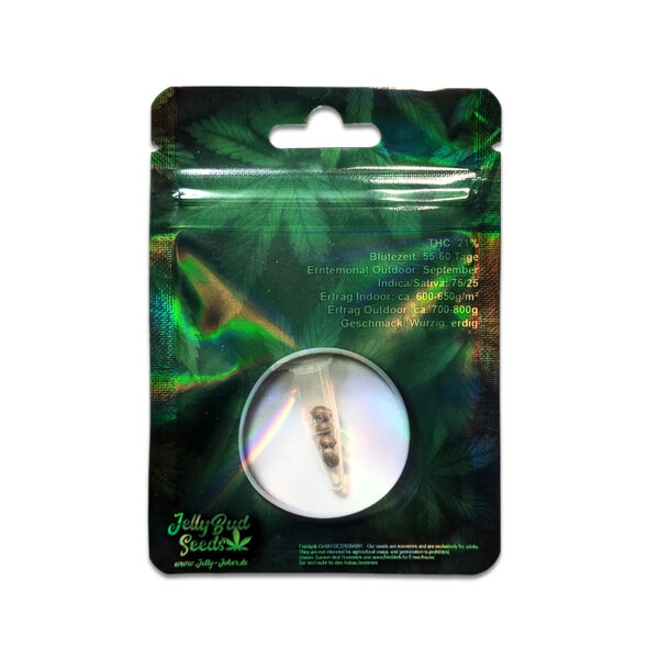 Black Domina Samen Rückseite von Jelly Bud Seeds – feminisierte Cannabis Samen mit Sorteninformationen