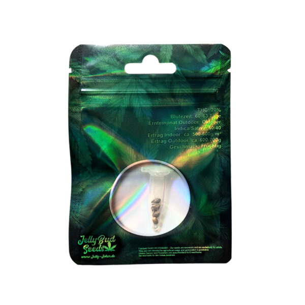 Zerealz Samen Rückseite von Jelly Bud Seeds – feminisierte Cannabis Samen mit Sorteninformationen