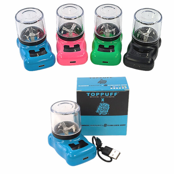 Elektrischer Grinder Mini in Blau, Pink, Grün und Schwarz mit Verpackung und USB-Ladekabel