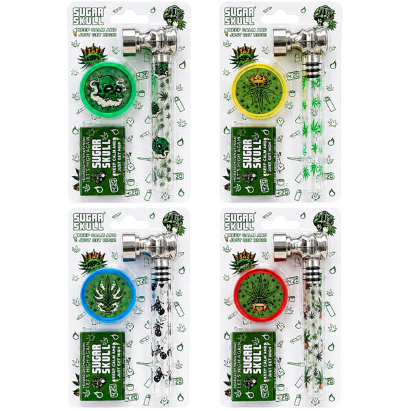 Sugar Skull Handpfeifen Set mit Pfeife, Grinder und Zubehör in verschiedenen Designs