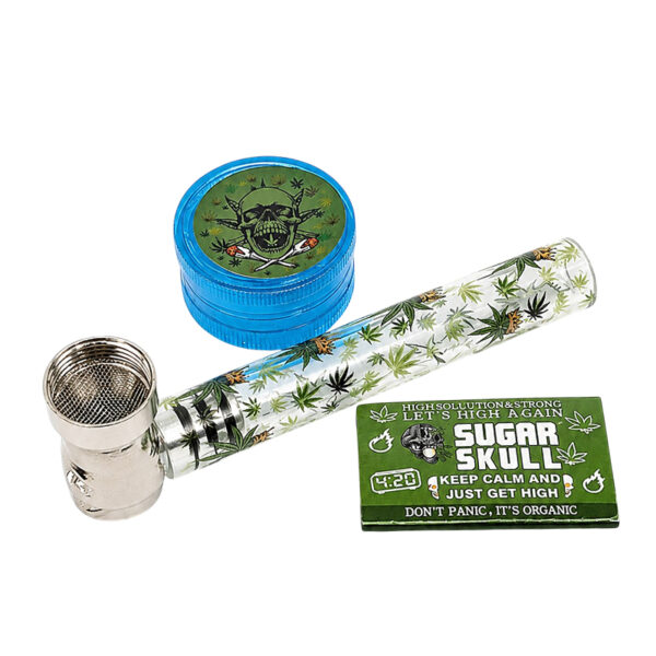 Sugar Skull Handpfeifen Set ausgepackt mit Pfeife, Grinder und Zubehör