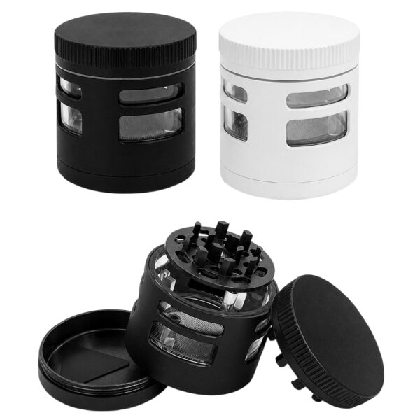 Grinder mit Rundum-Sichtfenstern in Schwarz und Weiß – 4-teilig mit 28 Diamantzähnen