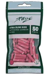 50 Purize Aktivkohlefilter Xtra Slim pink im grünen Vorratsbeutel mit 6mm Format und pinker Filter-Ausführung.