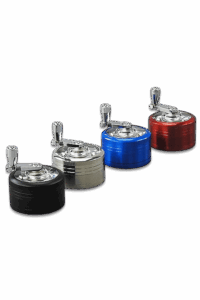 Metall Kurbelgrinder Ø51mm in Schwarz, Silber, Blau und Rot mit transparenter Oberseite und Kurbelmechanik