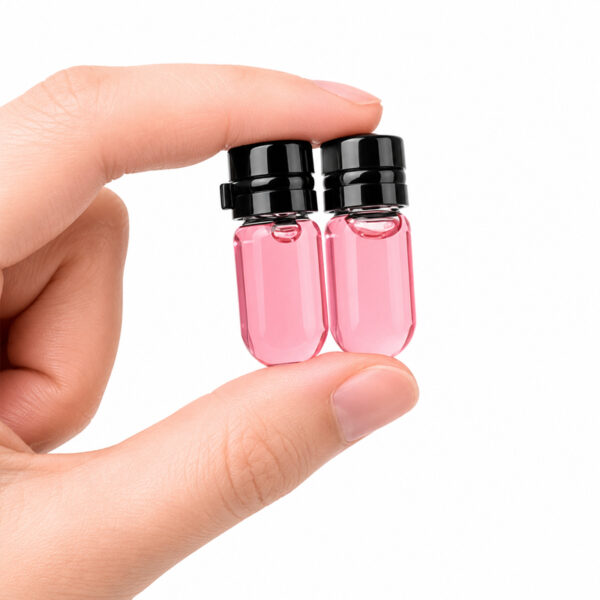 Minifläschchen 2ml zwischen zwei Fingern mit schwarzem Schraubverschluss