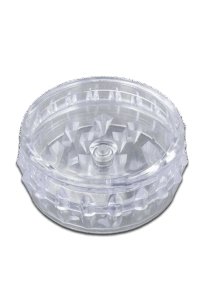 Transparenter Ø47mm Grinder 3-teilig in klarer Ausführung mit sichtbaren Mahlzähnen und magnetischem Verschluss.