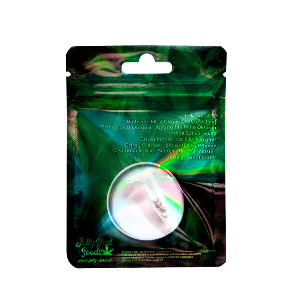 Super Boof Samen Rückseite von Jelly Bud Seeds – feminisierte Cannabis Samen mit Sorteninformationen