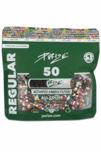 50 Purize Regular Size Aktivkohlefilter All Color im grünen Vorratsbeutel mit 9mm Format und bunter Filter-Ausführung.
