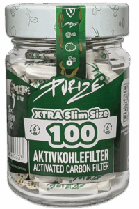 Purize Glas Xtra Slim weiß mit 100 Aktivkohlefiltern im Glas, 6mm Format und weißer Filter-Ausführung.