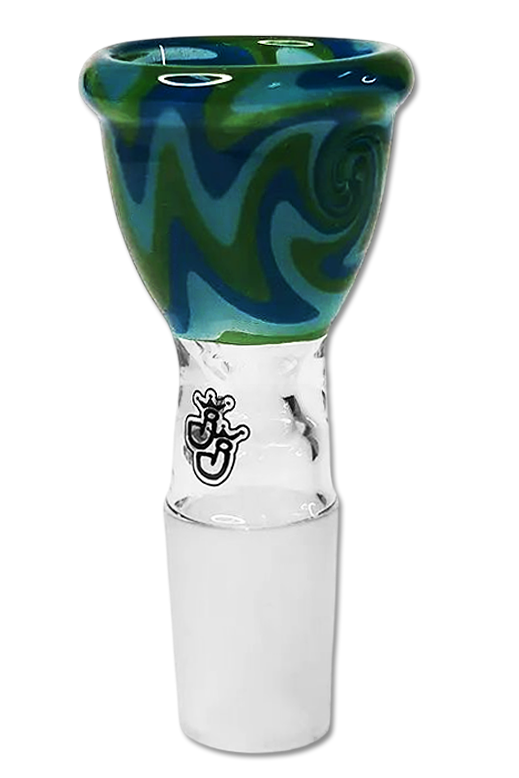 Detailaufnahme Bong Kopf Swirl Green aus Glas. Sichtbare Öffnung mit ca. 5 mm Durchlass, 18,8 mm Schliff, auffälliges grünes Swirl-Muster.