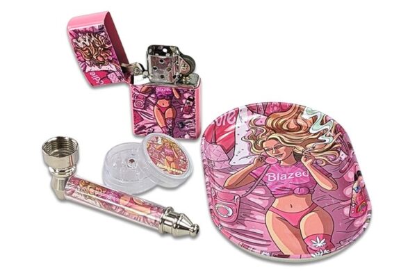 Komplettset Pink „Blazed“ mit Tray, Feuerzeug, Grinder und Pfeife