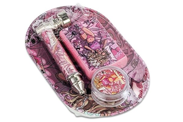 Komplettset Pink „Blazed“ in Verpackung – Grinder, Mini-Tray, Handpfeife und Feuerzeug