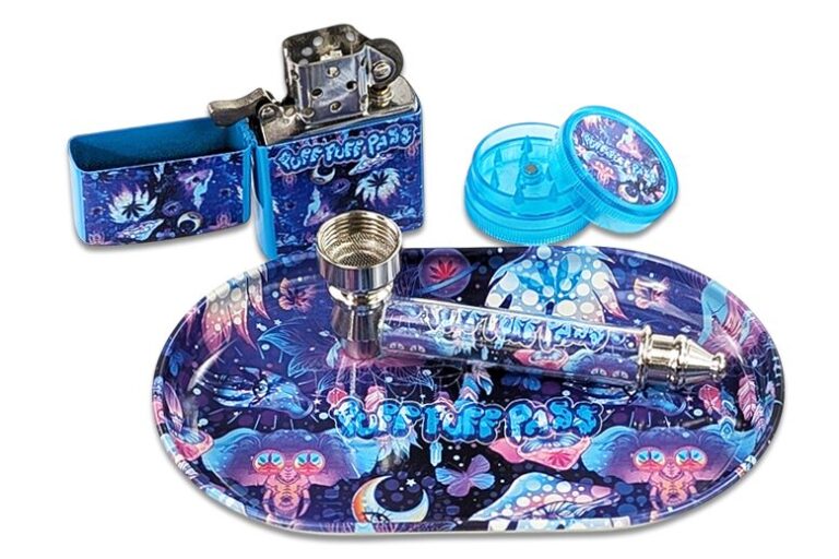 Komplettset Blau „Blazed“ mit Tray, Grinder, Handpfeife und Feuerzeug