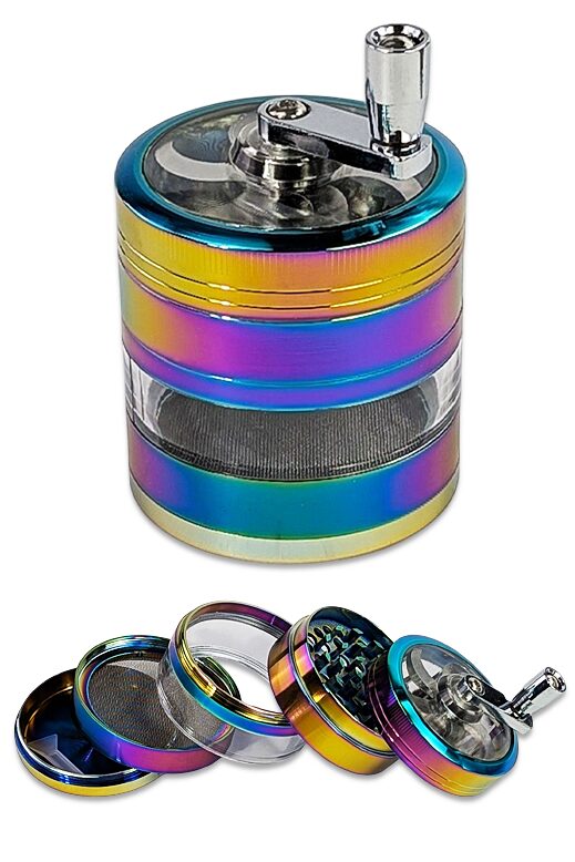 Rainbow Kurbelgrinder Ø63mm, 5-teilig aus Zink mit Sichtfenstern, Polinatorsieb, Diamantzähnen und Schaber