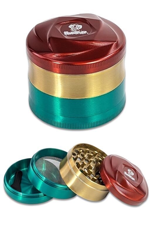 Honeypuff Rasta Grinder Ø63 mm aus Zink mit Sieb und Schaber