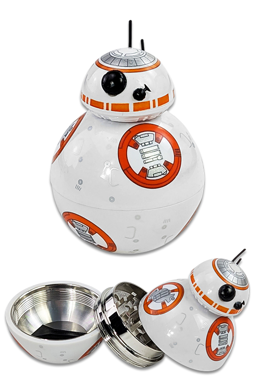 Kugel-Grinder Ø50 mm im Droiden-Look – 3-teilig, Zink-Innenleben, Diamantzähne, mit Schaber & Geschenkbox
