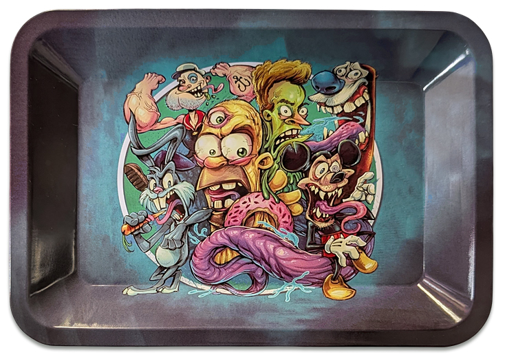 Beidseitig bedrucktes Rolling Tray aus Metall im „Cartoon Chaos“-Design, 18×12,5 cm groß