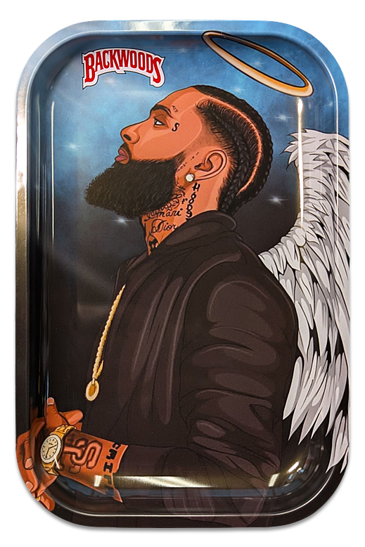 Rolling Tray „Angel Hustle“ – Vorderseite, Metall, 28,5 × 18,8 cm, beidseitig bedruckt