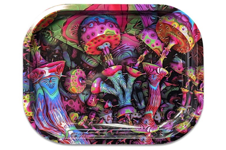 Rolling Tray aus Metall mit lila Pilzmotiv – Purple Mushrooms Design