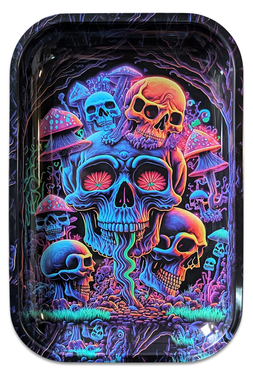 Rolling Tray „Neon Skull Grove“ – Metall, 28,5 × 18,8 cm, beidseitig bedruckt